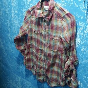 Old Navy rainbow plaid button-down shirt size XS